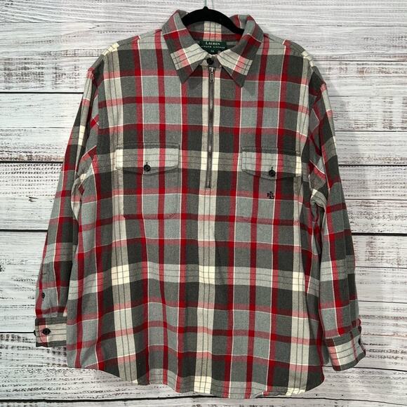 Lauren Ralph Lauren Plus Size 2x Red Gray Plaid Half Zip Flannel Shirt - Picture 1 of 10